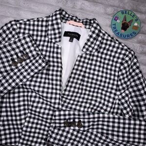 Talbots Blazer Womens 6 Linen Blend Gingham Plaid Black White Resort Wear Preppy